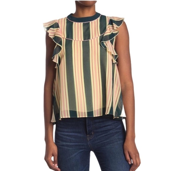 Scotch & Soda Green And Yellow‎ Striped Ruffled Cap Sleeve Blouse Size Small - Picture 1 of 15